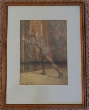 Theatrical Character 1874 Watercolor Painting by English Artist Arthur Fisher -Artist Signed and Dated - Framed and Matted - Frame Measures 15 by 11 1/2 