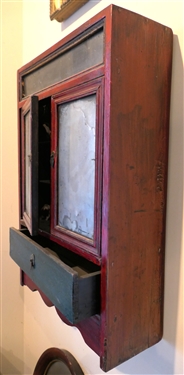 Red and Green Painted Southwestern Hanging Display Cabinet - Mirrored Glass Doors  - Single Drawer - Scalloped Trim - Cabinet Measures 21 1/2 Tall 14 by 5 1/2 