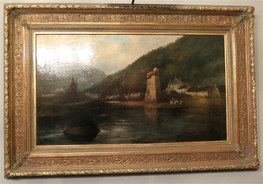 Beautiful 19th Century English Oil on Canvas Painting of Sail Boat and Village in Beautiful Gold Gilt Frame with Flowers and Leaf Trim - Frame Measures 37" by 55" 