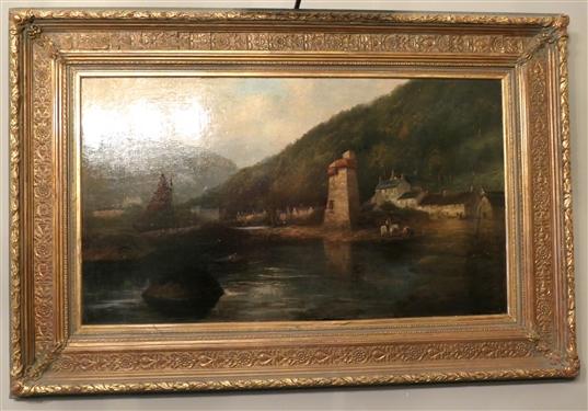 Beautiful 19th Century English Oil on Canvas Painting of Sail Boat and Village in Beautiful Gold Gilt Frame with Flowers and Leaf Trim - Frame Measures 37 by 55 