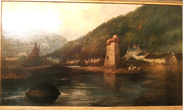 Beautiful 19th Century English Oil on Canvas Painting of Sail Boat and Village in Beautiful Gold Gilt Frame with Flowers and Leaf Trim - Frame Measures 37 by 55 