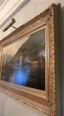 Beautiful 19th Century English Oil on Canvas Painting of Sail Boat and Village in Beautiful Gold Gilt Frame with Flowers and Leaf Trim - Frame Measures 37 by 55 