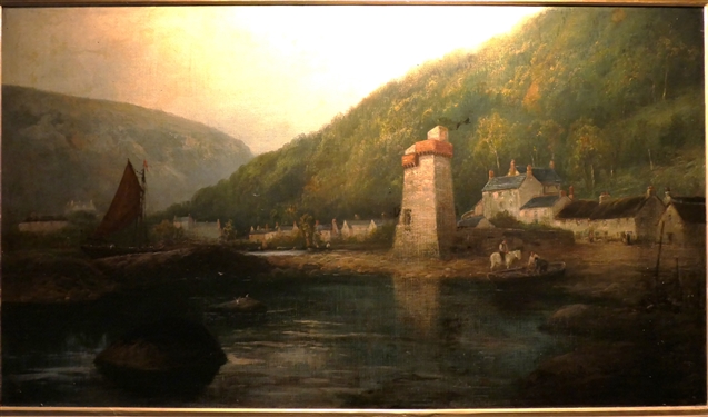 Beautiful 19th Century English Oil on Canvas Painting of Sail Boat and Village in Beautiful Gold Gilt Frame with Flowers and Leaf Trim - Frame Measures 37 by 55 