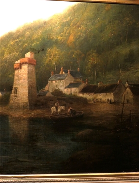 Beautiful 19th Century English Oil on Canvas Painting of Sail Boat and Village in Beautiful Gold Gilt Frame with Flowers and Leaf Trim - Frame Measures 37 by 55 