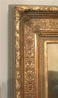 Beautiful 19th Century English Oil on Canvas Painting of Sail Boat and Village in Beautiful Gold Gilt Frame with Flowers and Leaf Trim - Frame Measures 37 by 55 