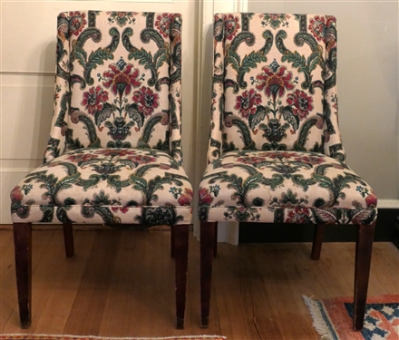 Pair of Beautifully Upholstered Side Chairs - Burgundy, Blue, and Green Upholster - Mahogany Legs 