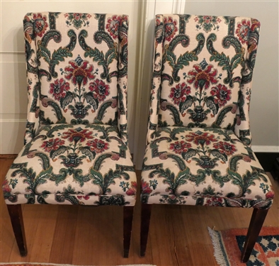 Pair of Beautifully Upholstered Side Chairs - Burgundy, Blue, and Green Upholster - Mahogany Legs 