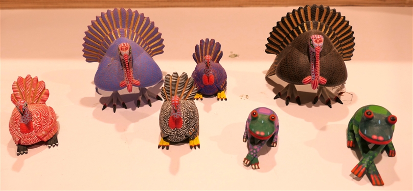 7 Mexican Folk Art Hand Carved and Painted Wooden Animals - 3 Turkeys by Reme Xuana - Rudbell, Smaller 1 3/4 Turkey Ana Xuana, and Frog by Azulena Santiago 