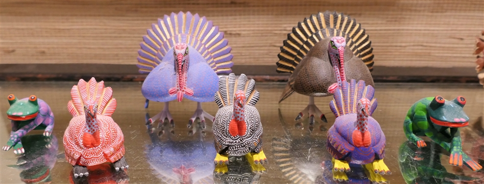 7 Mexican Folk Art Hand Carved and Painted Wooden Animals - 3 Turkeys by Reme Xuana - Rudbell, Smaller 1 3/4 Turkey Ana Xuana, and Frog by Azulena Santiago 