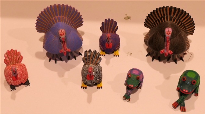 7 Mexican Folk Art Hand Carved and Painted Wooden Animals - 3 Turkeys by Reme Xuana - Rudbell, Smaller 1 3/4 Turkey Ana Xuana, and Frog by Azulena Santiago 