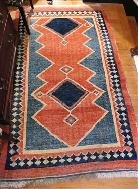 Hand knotted Geometric Pattern Rug - Coral and Blue - Rug Measures 82 by 49 
