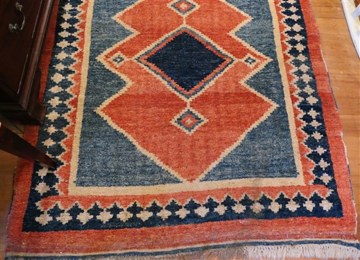 Hand knotted Geometric Pattern Rug - Coral and Blue - Rug Measures 82 by 49 
