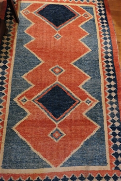 Hand knotted Geometric Pattern Rug - Coral and Blue - Rug Measures 82 by 49 