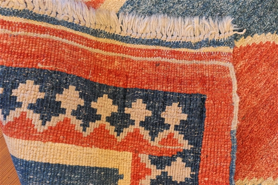Hand knotted Geometric Pattern Rug - Coral and Blue - Rug Measures 82 by 49 