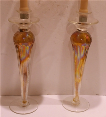Pair of Beautiful Venetian Art Glass Candle Sticks - Marigold Iridized Stems with Bubbles Throughout - Clear Tops and Bottoms - Candle Sticks Measure 12 Tall 