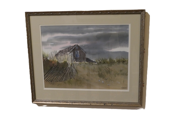 J.A. Newnam Watercolor Painting of Beach Scene - Framed and Matted - Frame Measures 20 by 24