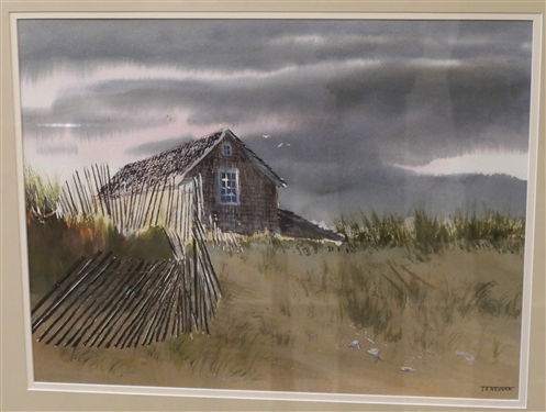 J.A. Newnam Watercolor Painting of Beach Scene - Framed and Matted - Frame Measures 20 by 24