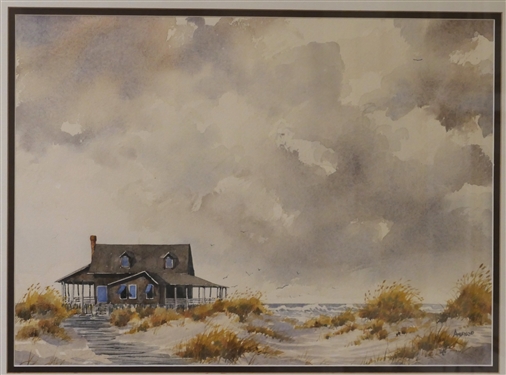 Andrews Beach Scene Watercolor Painting - Framed and Double Matted - Artist Signed - Frame Measures 25 1/2 By 32 