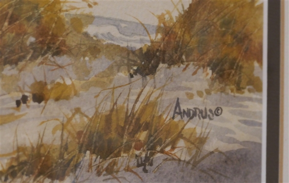 Andrews Beach Scene Watercolor Painting - Framed and Double Matted - Artist Signed - Frame Measures 25 1/2 By 32 