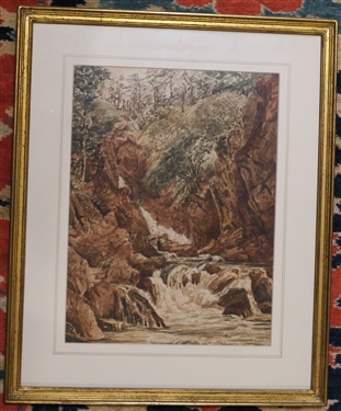 John Louis Petit (1801 - 1868) Watercolor Painting Waterfall - Artist Signed  - Artist Information on Reverse 18 1/2 by 15 1/4