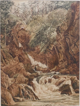 John Louis Petit (1801 - 1868) Watercolor Painting Waterfall - Artist Signed  - Artist Information on Reverse 18 1/2 by 15 1/4
