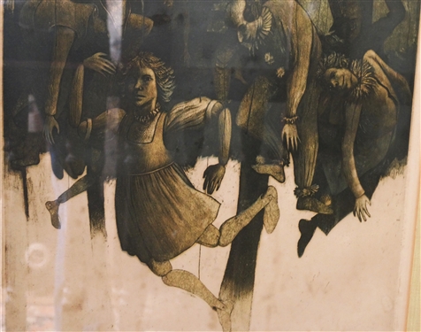 1973 Dated Wood Block Print  Marionettes Wood Block Print by Donald Sexauer - Number 28/30 - Artist Signed - Framed and Matted - Frame Measures -25 3/8 by 24 Sexauer  (1932 - 2003)  Professor...