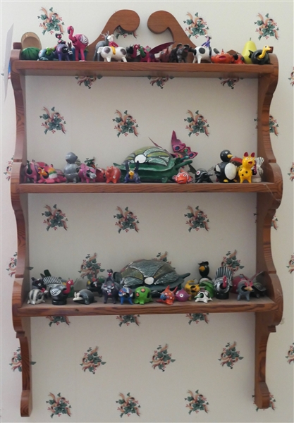 Wood What Not Shelf  Full of Hand painted Mexican Bobblehead Animals - Over 50 Animals - Wood Shelf - Measures 30" by 18 1/4" 