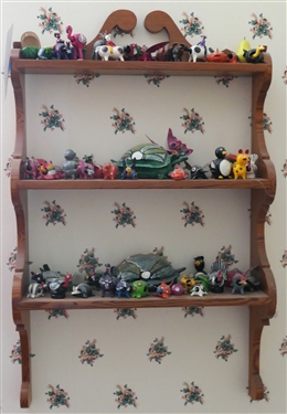 Wood What Not Shelf  Full of Hand painted Mexican Bobblehead Animals - Over 50 Animals - Wood Shelf - Measures 30 by 18 1/4 