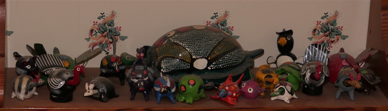 Wood What Not Shelf  Full of Hand painted Mexican Bobblehead Animals - Over 50 Animals - Wood Shelf - Measures 30 by 18 1/4 