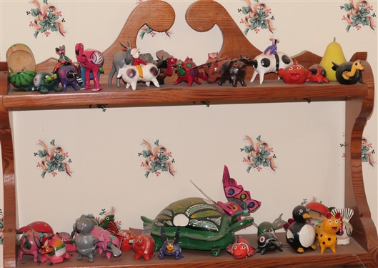Wood What Not Shelf  Full of Hand painted Mexican Bobblehead Animals - Over 50 Animals - Wood Shelf - Measures 30 by 18 1/4 