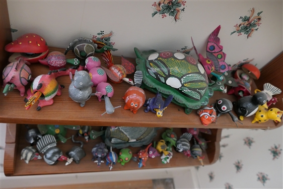 Wood What Not Shelf  Full of Hand painted Mexican Bobblehead Animals - Over 50 Animals - Wood Shelf - Measures 30 by 18 1/4 