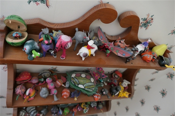 Wood What Not Shelf  Full of Hand painted Mexican Bobblehead Animals - Over 50 Animals - Wood Shelf - Measures 30 by 18 1/4 