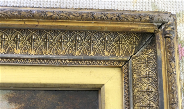 Pretty 19th Century Oil on Canvas Painting In Gold Giltwood Frame - Gold Boarder - Beautiful Frame - Frame Measures 16 By 18 - Art Measures 12 By 10 
