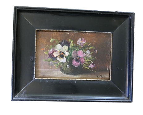Antique Artist Signed Pansy Flower Still Life Painting on Board - Framed - Frame Measures 12 3/4 By 16 3/4