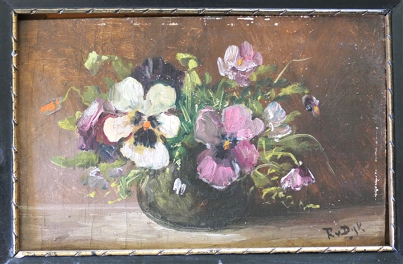 Antique Artist Signed Pansy Flower Still Life Painting on Board - Framed - Frame Measures 12 3/4 By 16 3/4