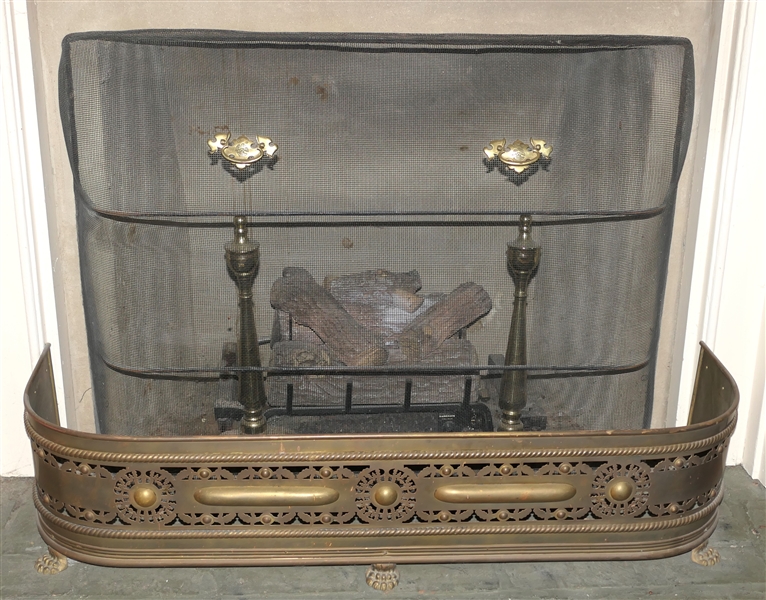 Brass Fire Place Set - Brass Claw Foot Apron, Wire Screen with Brass Handles, and Pair of Fine Brass Andirons with Urn Finials - Fire Skirt Measures 48" Across - LOGS NOT INCLUDED