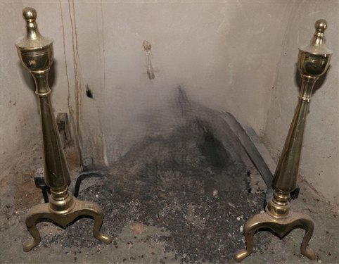 Brass Fire Place Set - Brass Claw Foot Apron, Wire Screen with Brass Handles, and Pair of Fine Brass Andirons with Urn Finials - Fire Skirt Measures 48 Across - LOGS NOT INCLUDED