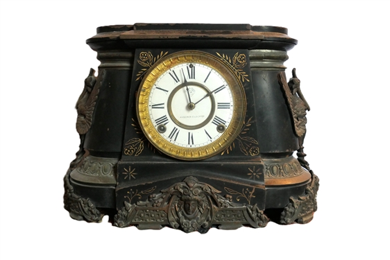 Incredible Ansonia Empire Period Mantle Clock - Highly Decorated Iron Case with Brass Ormolu - Clock With Key and Pendulum - Case Measures 10 1/2 Tall 16 by 5 