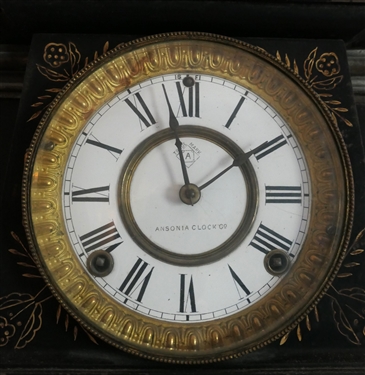 Incredible Ansonia Empire Period Mantle Clock - Highly Decorated Iron Case with Brass Ormolu - Clock With Key and Pendulum - Case Measures 10 1/2 Tall 16 by 5 