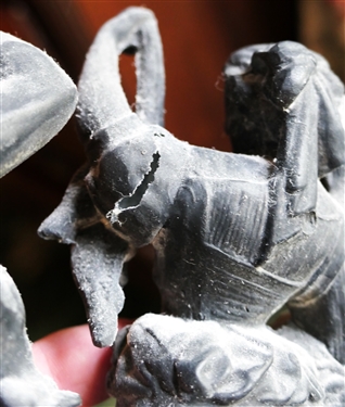 Iron Man and Woman Statue - Woman Holding String of Fish - Gentleman with Gun - Figure Measures 8 1/2 Tall 7 Across - Lady's Arm Is Cracked - See Photo - Can Be Used On Top of Previous Clock 