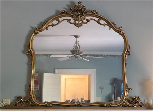 Louis XV Style Gold Gilt Mirror with Scroll Work and Gold Crest - Mirror Measures 49 by 65 