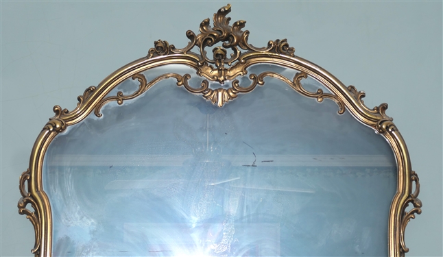 Louis XV Style Gold Gilt Mirror with Scroll Work and Gold Crest - Mirror Measures 49 by 65 