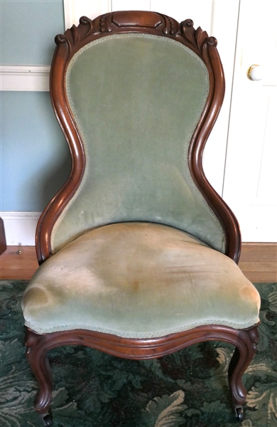 Walnut Carved Parlor Chair - Carved Crest - Light Green Velvet Upholstery -Chair Measures 38 1/2" Tall 