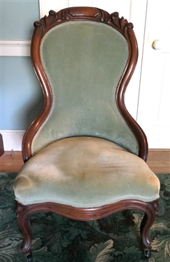 Walnut Carved Parlor Chair - Carved Crest - Light Green Velvet Upholstery -Chair Measures 38 1/2 Tall 