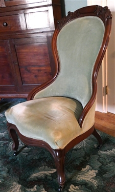 Walnut Carved Parlor Chair - Carved Crest - Light Green Velvet Upholstery -Chair Measures 38 1/2 Tall 