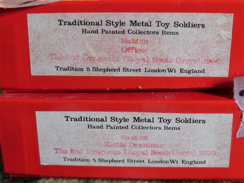 2 - Tradition for Collectors - Hand Painted Traditional Toy Soldiers Horse and Rider- Made in England No. M101 Officer and No. M103 - Kettle Drummer - In Original Boxes