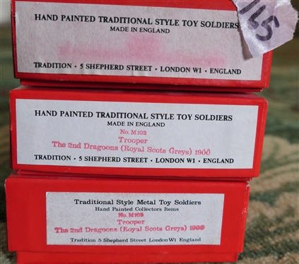 3 - Tradition for Collectors - Hand Painted Traditional Toy Soldiers - Made in England  - Horse and Riders - No. M109 Trooper, No. M102 Trooper, and Other Horse and Rider - Label is Missing - All...