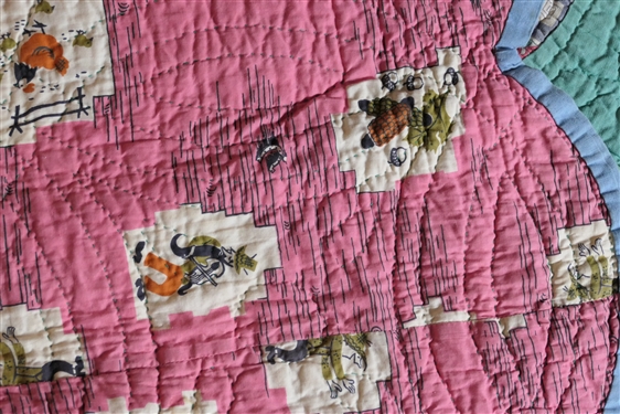Pretty Scalloped Edge Double Wedding Ring Pattern Quilt - Hand Quilted - Great Hillbilly Pattern Back - Back Has Been Mended - Quilt Measures 80 By 66