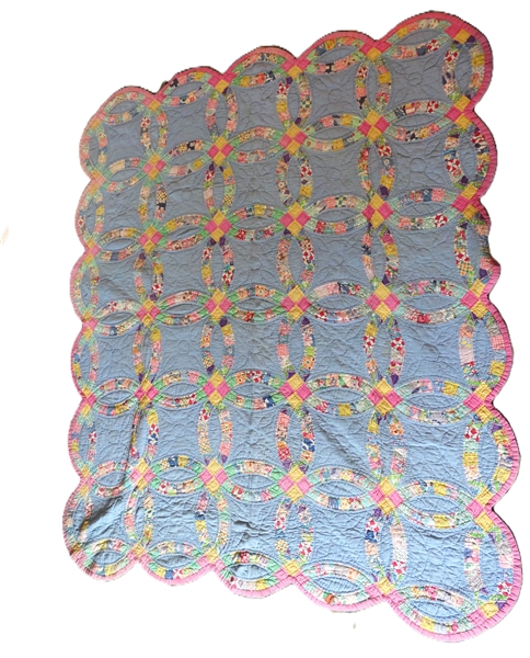 Pretty Scalloped Edge Double Wedding Ring Pattern Quilt - Hand Quilted - Blue and White Pattern Back  - Quilt Measures 80" By 66"