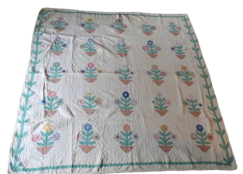 Pretty Handmade Quilt with Applique Flowers - Hand Pieced and Quilted - Very Thin - Pots of 3 Flowers with Green Vine Boarder - Quilt Measures 84" by 83"